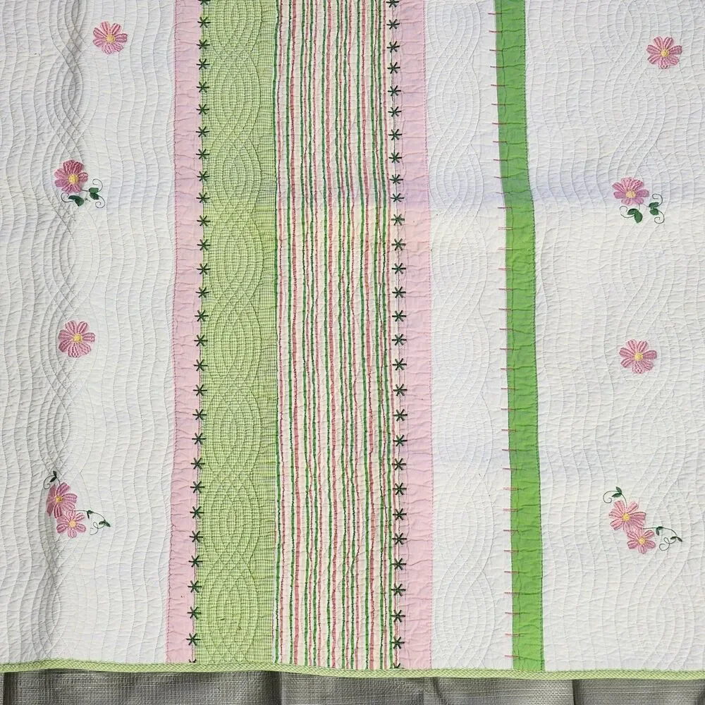 Lime Green Pink Floral Twin Size Quilt 100% Cotton Bedspread Striped Embroidered